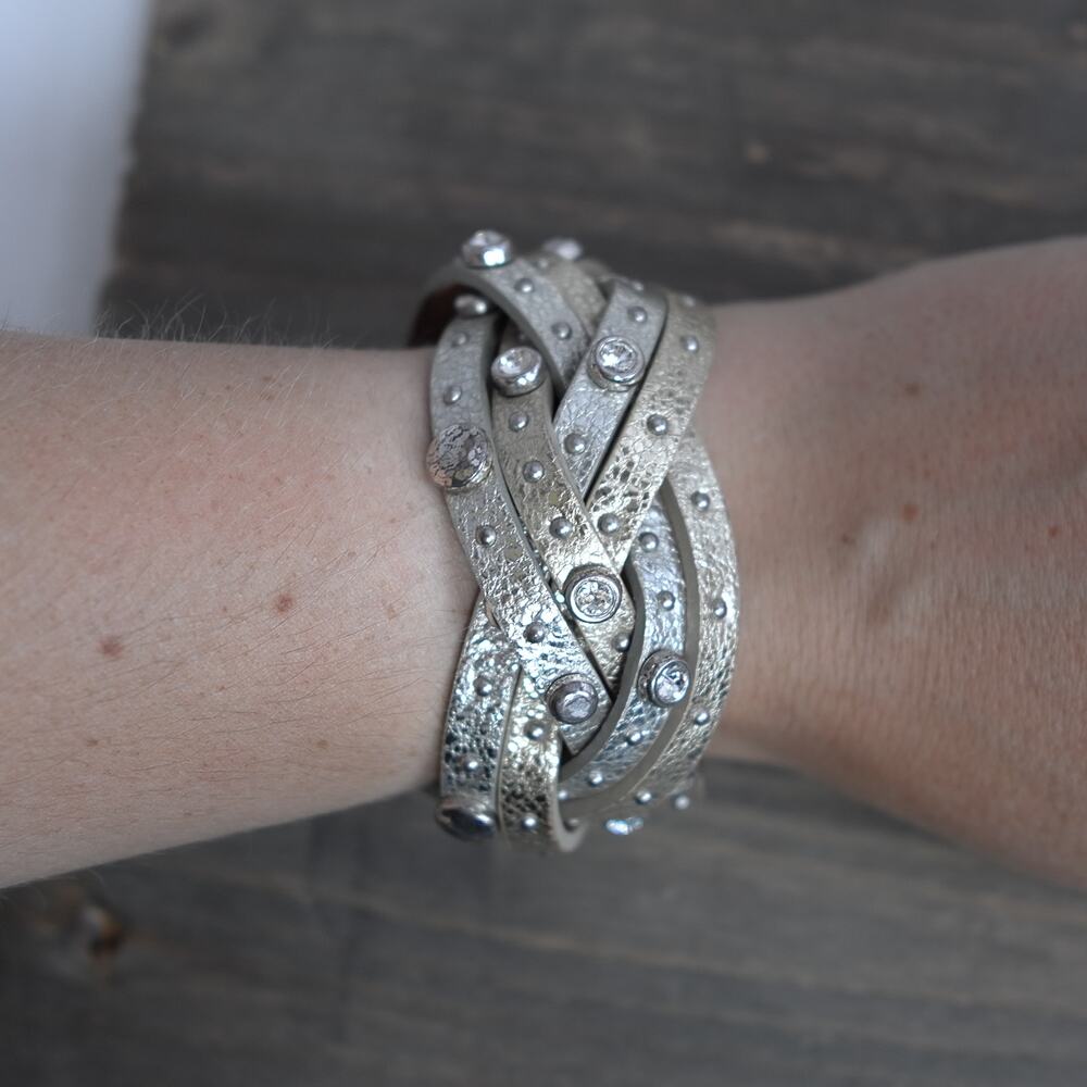 Brighton Harlow Leather Cuff Bracelet Gold Silver Metallic Studded Magnetic 7"